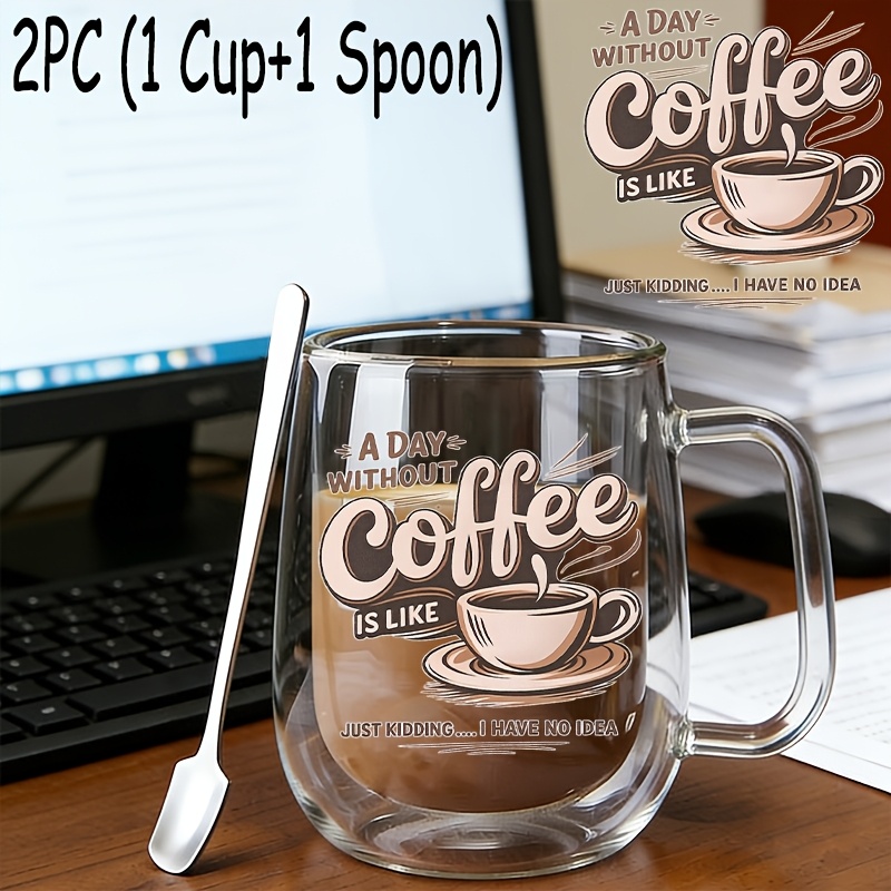 TEMU 2pcs(1pc Glass Cup+1pc Spoon),insulated Double-walled Borosilicate Reusable Water Cup With Handle,large Capacity Clear Coffee Mug For Beverages