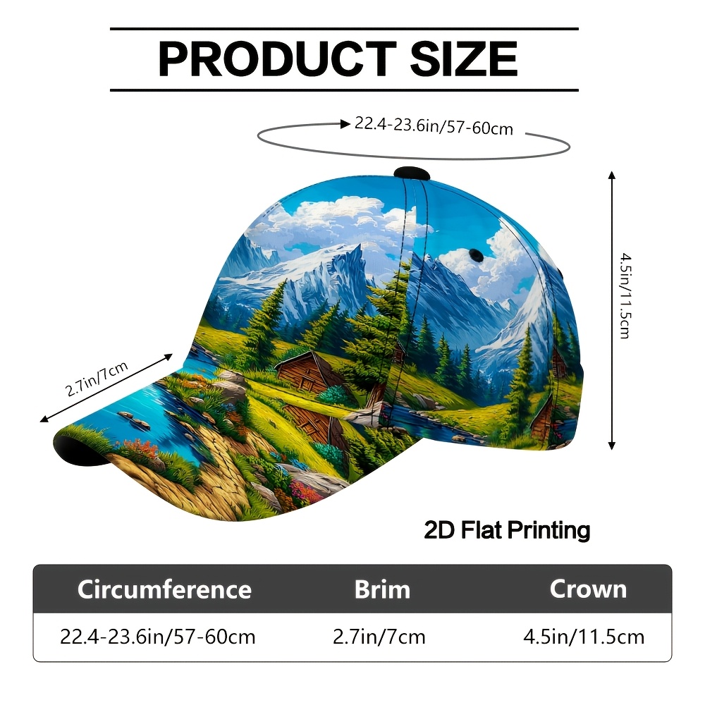 TEMU 1pc 2d Flat Printing A Stylish And Easy Baseball Cap With Mountain Landscape And River Pattern, Perfect For Outdoor Streetwear And