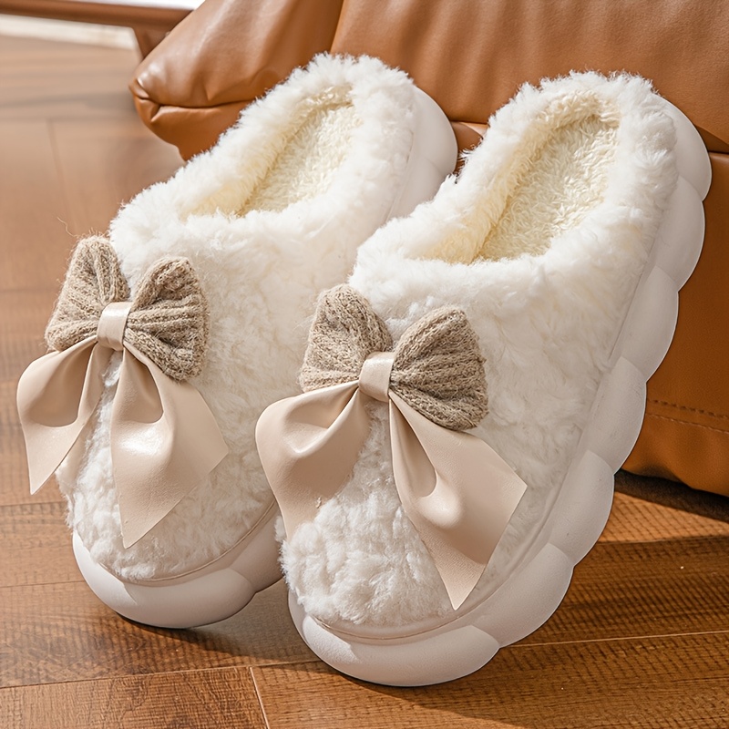 TEMU Pantoufles d'hiver mignonnes à nœud pour femmes, couple, maison, intérieur, chaussures chaudes post-, pantoufles en peluche anti-dérapantes,