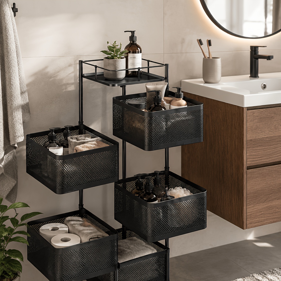 TEMU 6-tier Bathroom Storage Rack With 5 Rotating Baskets, Steel Rolling Organizer With 4wheels, Shelves
