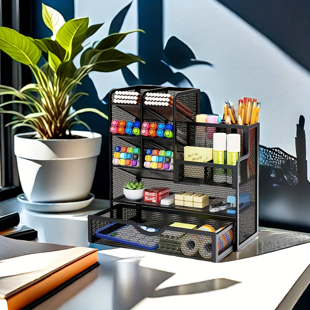 

1pc Mesh Pen Holder For Desk, Desk Organizer With Drawer, Multi-functional Pencil Organizer, Desk Organizers And Accessories For Office Art Supplies