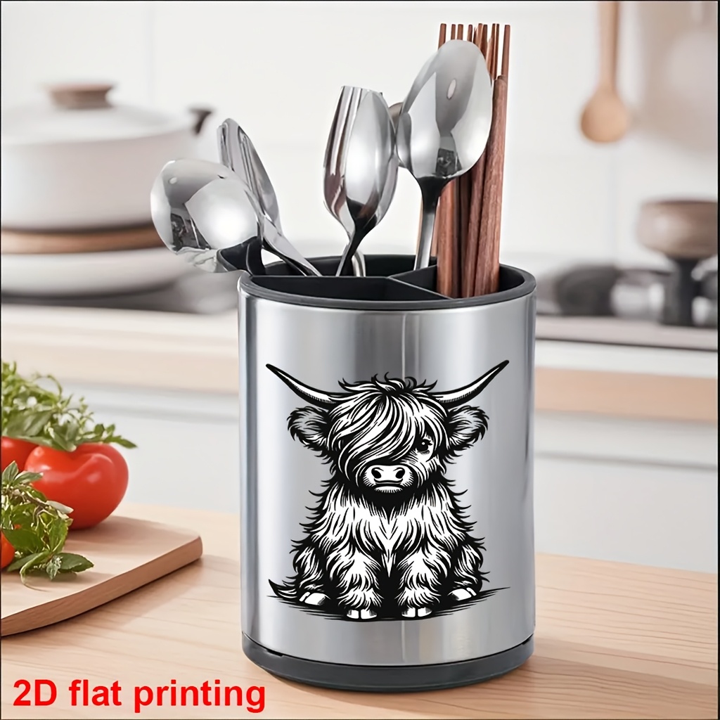 TEMU 1pc Highland Calf Sitting Pattern Printed, 360-degree Rotatable Stainless Steel Utensil Organizer, Practical Kitchen Countertop Accessory,