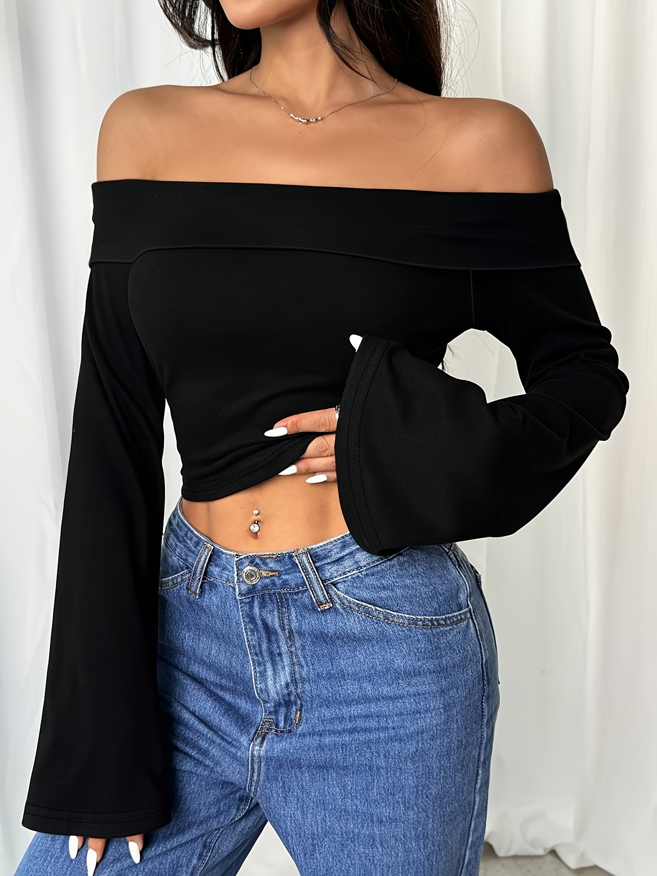 top corto elegante larga hombros descubiertos mujer Temu Uruguay