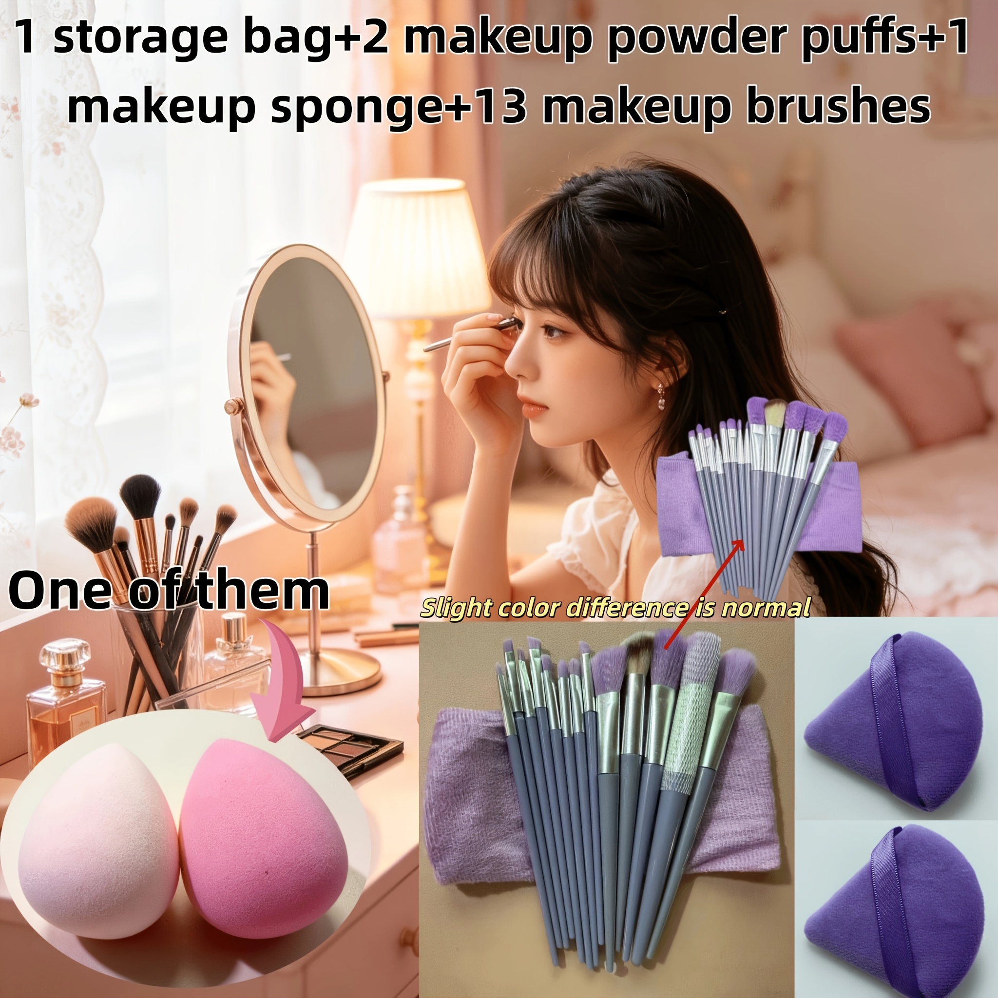 TEMU Complete 17pcs Makeup Brush Set (1pc Storage Bag And 2pcs Makeup Puff And 1pc Makeup Sponge And 13pcs Makeup Brushes), Full Set For Base Makeup,