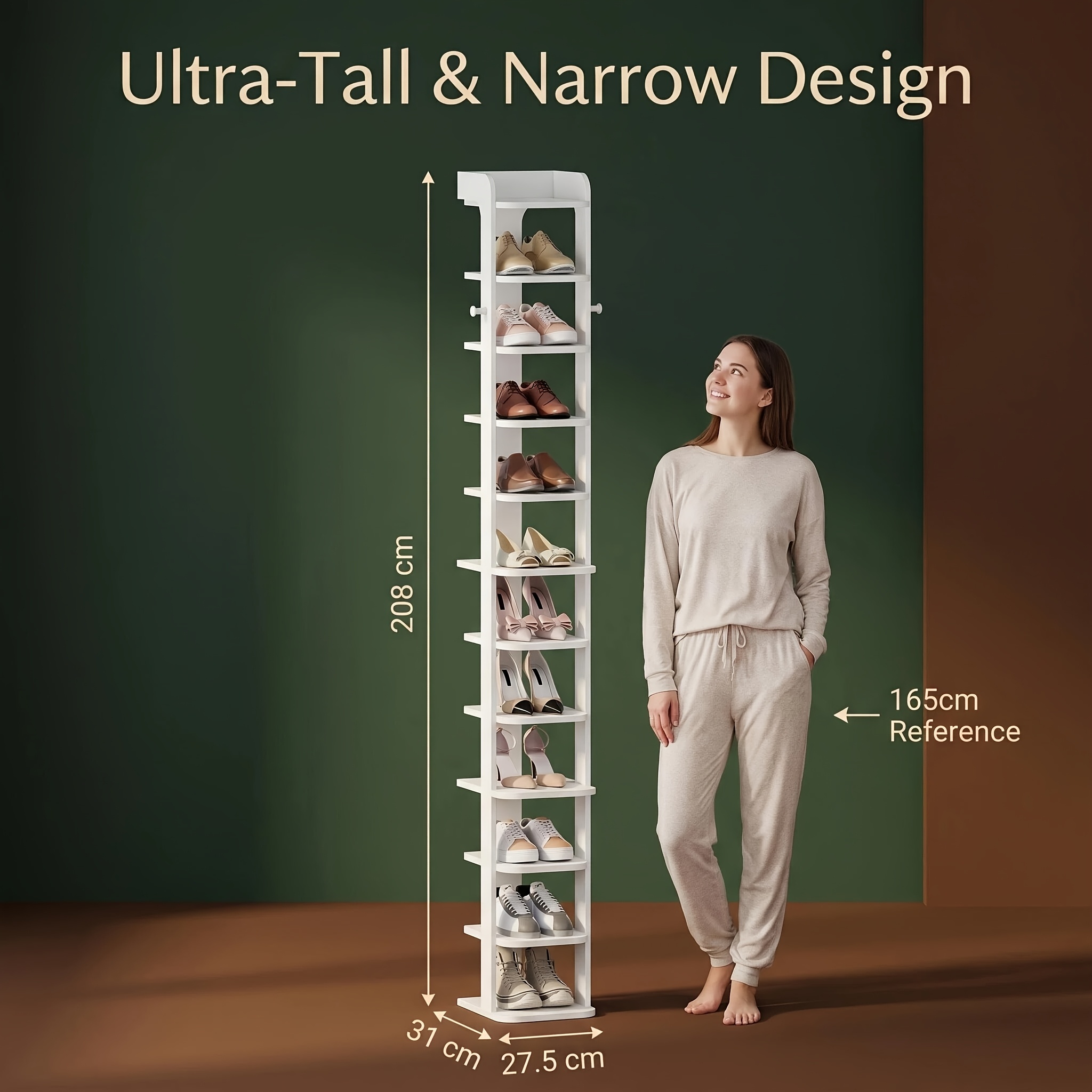 White 12-tier Standing Shoe Rack, Adjustable With Hooks, Narrow Design For Foyer, Hallway, And Living Room Shoe Storage.