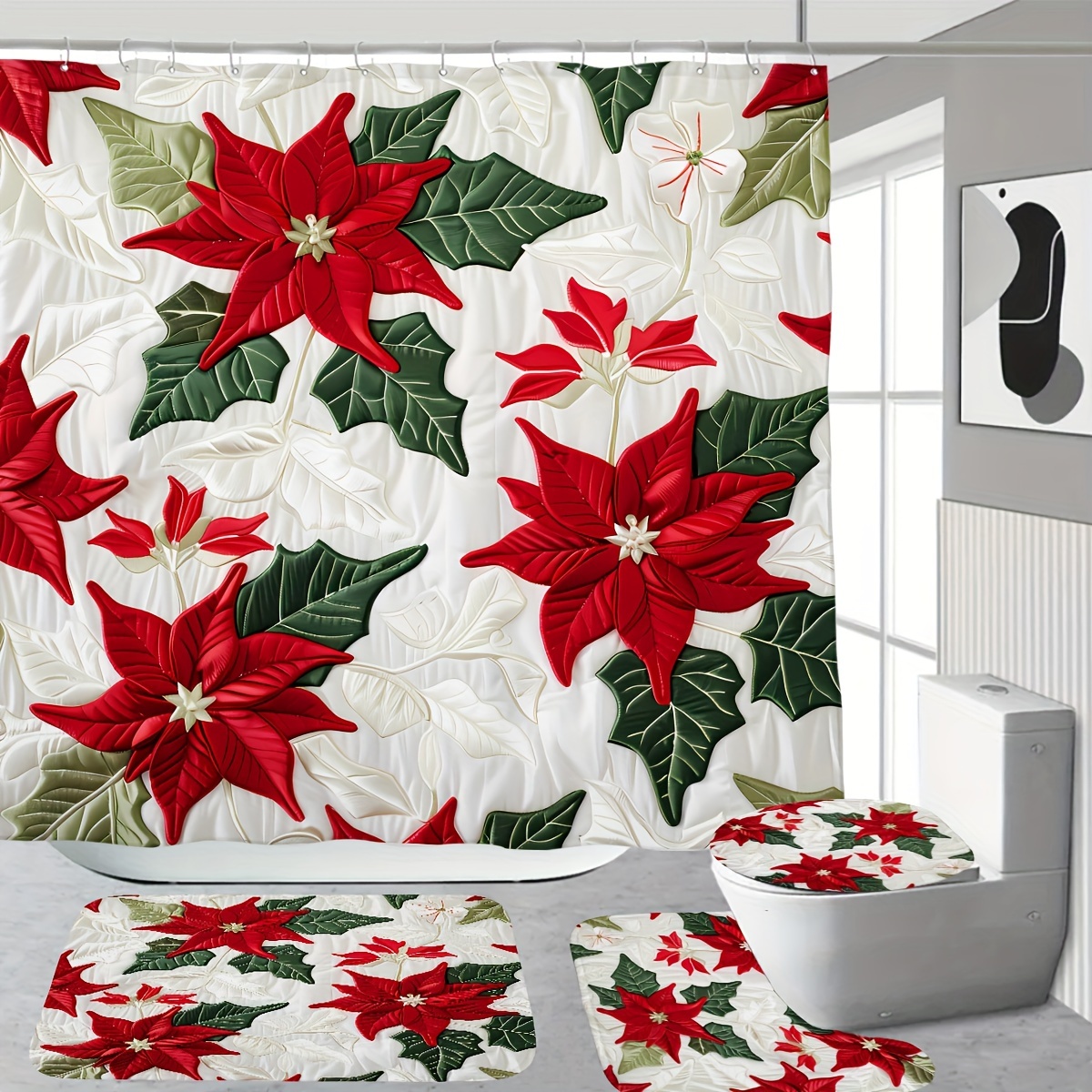 

Christmas Poinsettia Shower Curtain Set With Non-slip Bath Mat, Toilet Lid Cover, And Lining - Cordless, Woven Polyester, Forest Theme With Digital Print, Includes 12 Hooks, Waterproof And Easy Care