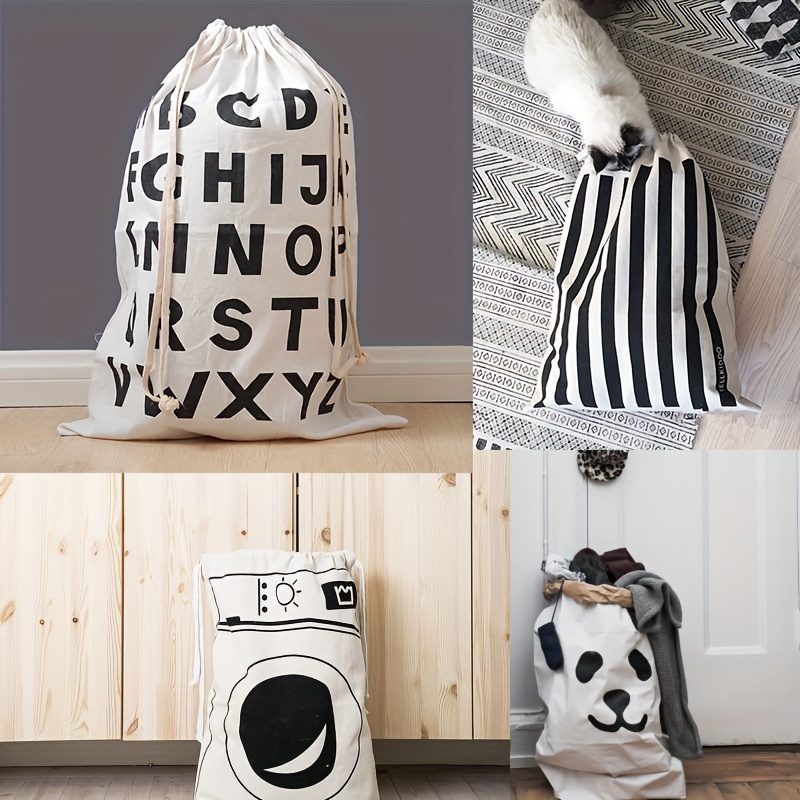 

1pc Cotton Linen Laundry Bag, Clothes Storage Bag, Dustproof Travel Luggage Bag, Moving Tote, Extra Large Canvas Bag, Striped Laundry Alphabet Panda Canvas Bag - Polyester Material In Beige Color.
