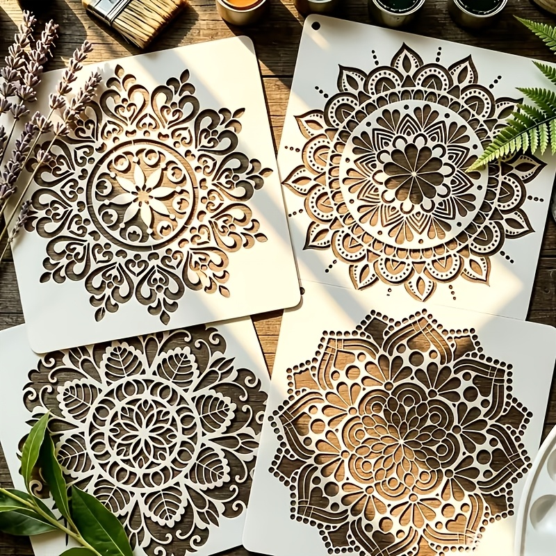 TEMU 4 pezzi Stencil con motivo mandala di grandi dimensioni 5,9*5,9 pollici, modelli per pittura a vuoto, stampi per disegno riutilizzabili e