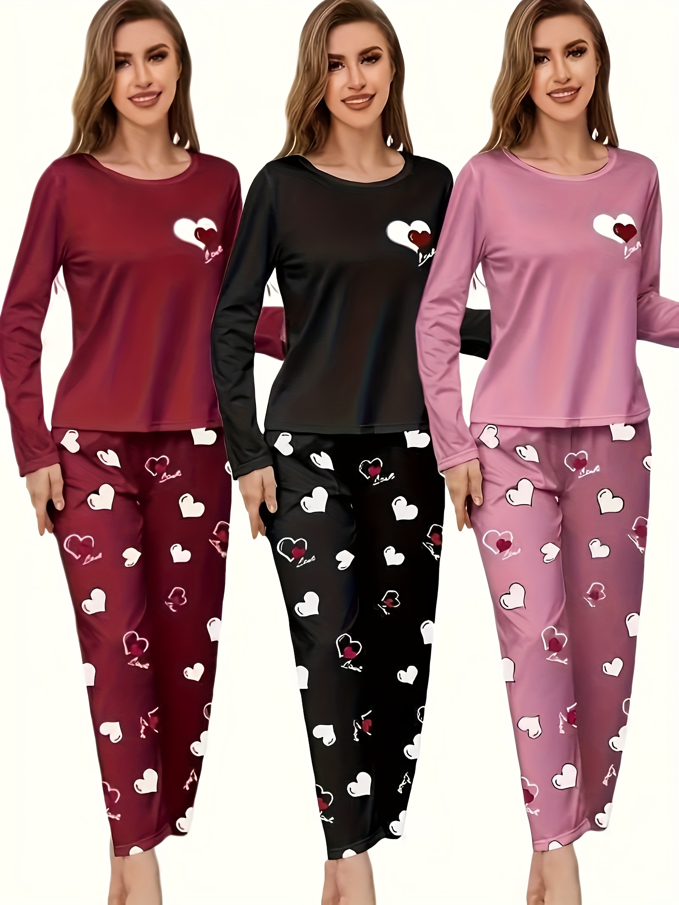 womens new autumn and winter style heart printed pajama set long sleeved and long pants six piece combination set casual and   wear Product details 3