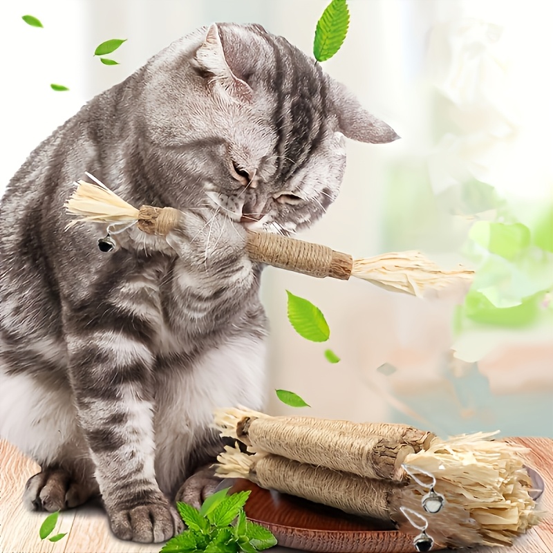 4 pièces de bâtonnets de sisal naturel pour chat - Jouets de nettoyage des dents durables pour chats d'intérieur, fournitures de jeu interactif, Matière, pas besoin de batterie, aide à la santé dentaire | Matière de sisal naturel | Bâtonnets durables, jouet interactif