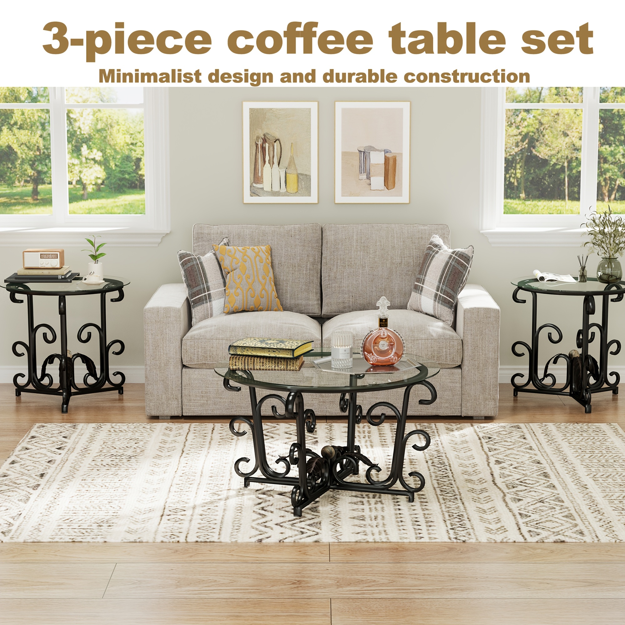 3pcs Round Glass Coffee Table Set, Tempered Glass Top with Black Metal Frame, Modern Living Room Furniture Set with 1 Coffee Table & 2 End Tables for Apartment Small Spaces