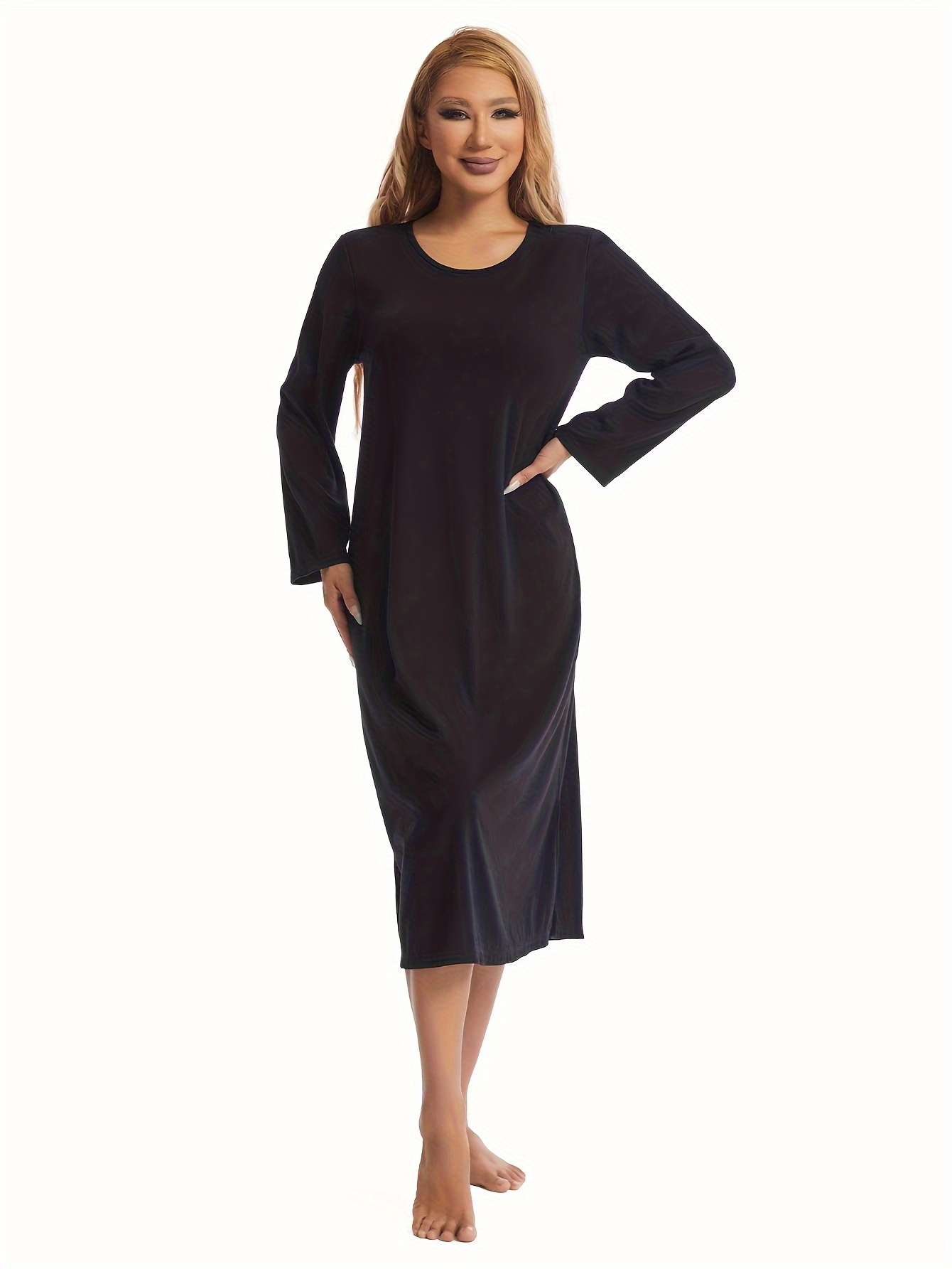 Viscose Blend Full Slip Dress for Women Elegant Casual Long Sleeve Midi  with Built-in Chest Pad and High Support Knit Fabric, Solid Color, No