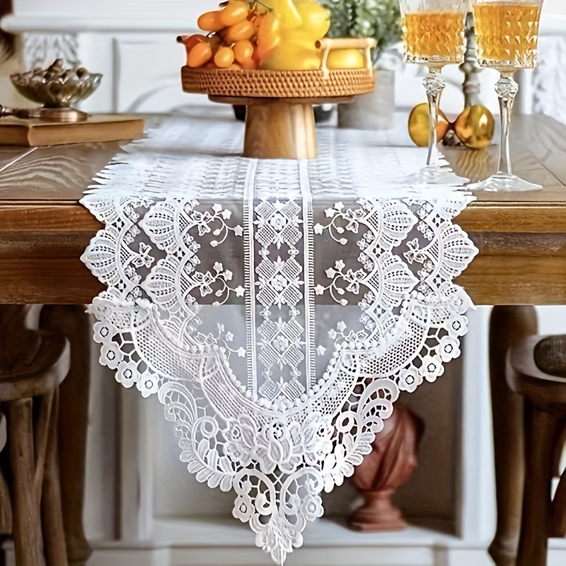 elegant white lace table runner with floral embroidery polyester square tablecloth for dresser kitchen wedding banquet coffee table fireplace dining insulation machine woven festive decor 1pc