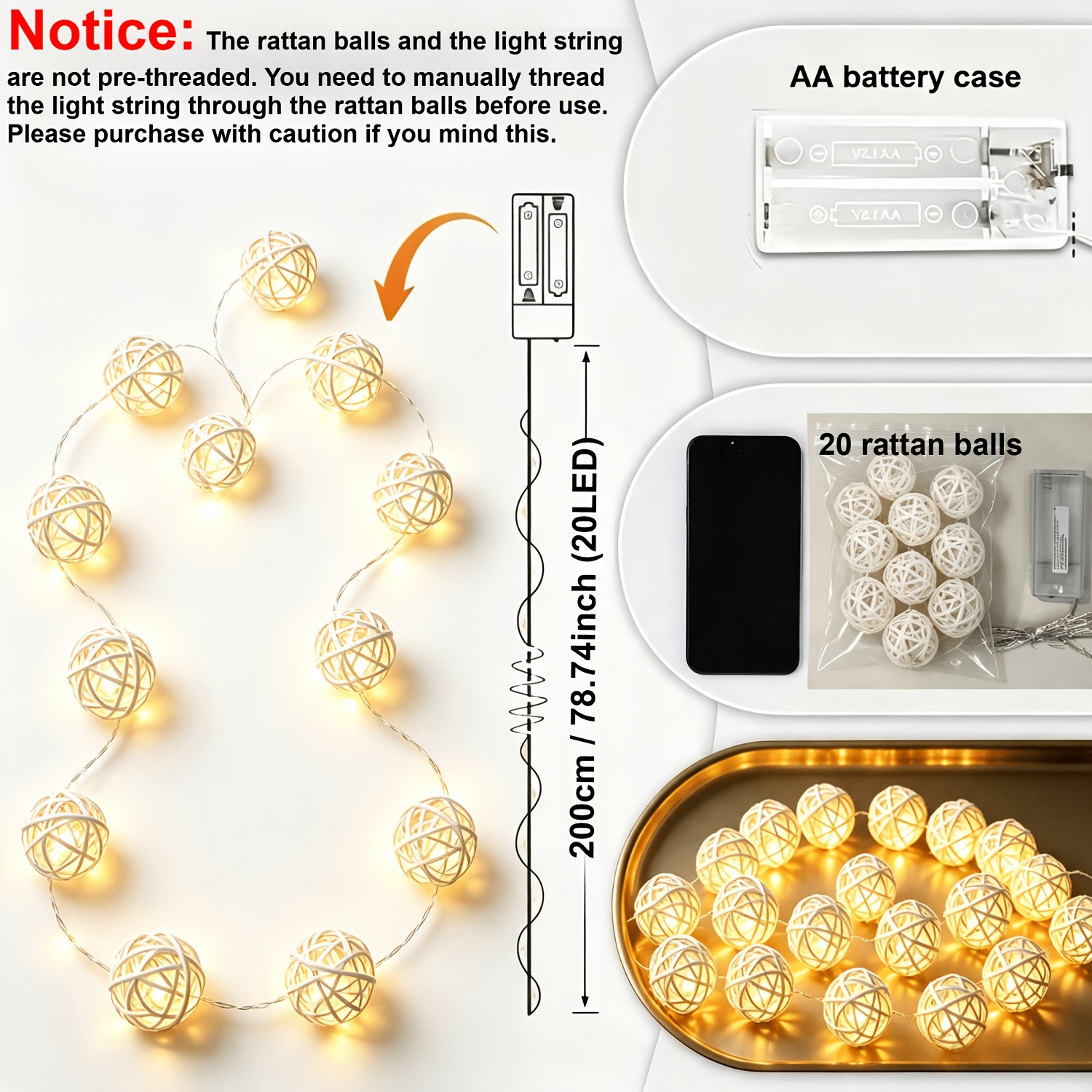 TEMU 20pcs Bohemian Rattan Ball Led String Lights, Battery Box String Lights (batteries Not Included), For Indoor Birthday, Wedding, Party