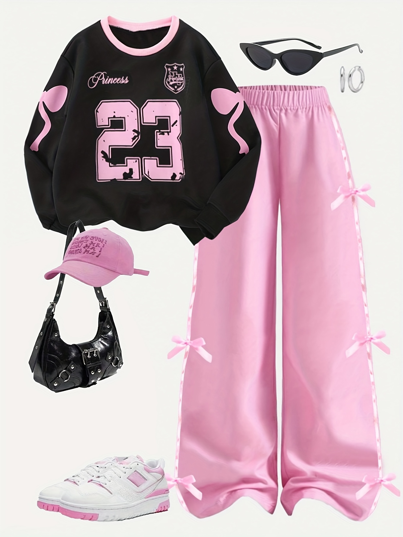 girls sweet cool 2pcs contrast number print sweatshirt and pink trousers outfit loose top and wide leg pants flowing silhouette   details suitable for   and casual scenes comfortable and individual for outdoor