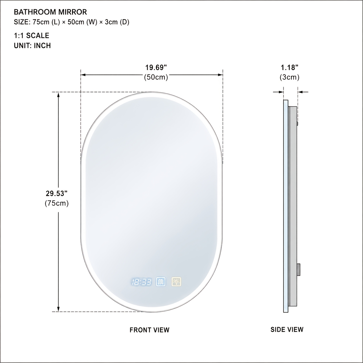 Oval Bathroom Mirror With Led Lighting, Makeup Mirror With Led Lighting 3 Color Temperatures Switchable (3000k/4500k/6500k) Adjustable Brightness Function And Time Display 50 X 75 Cm