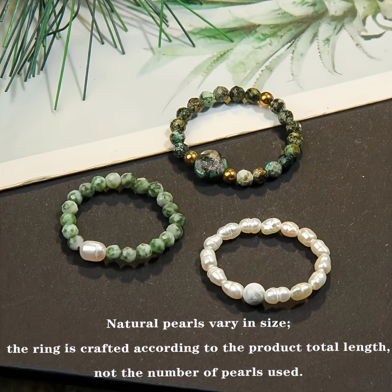 Image of 3pcs Set Natural Stone + Ring Plus 14k Golden Plated Beads, Multi- Handmade Beaded Elastic Cord Ring,wear Alone Or Daily Wear And Perfect Gift For , Wedding Jewelry,unisex