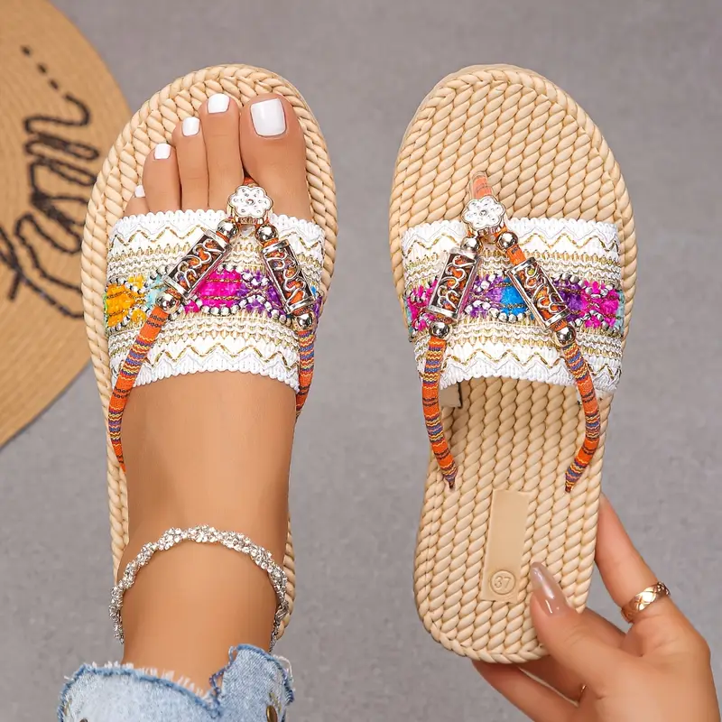 womens elegant and fashionable ethnic style flat sandals with colorful patterns slip on open toe fabric upper and inner eva sole eva insole Product details 0