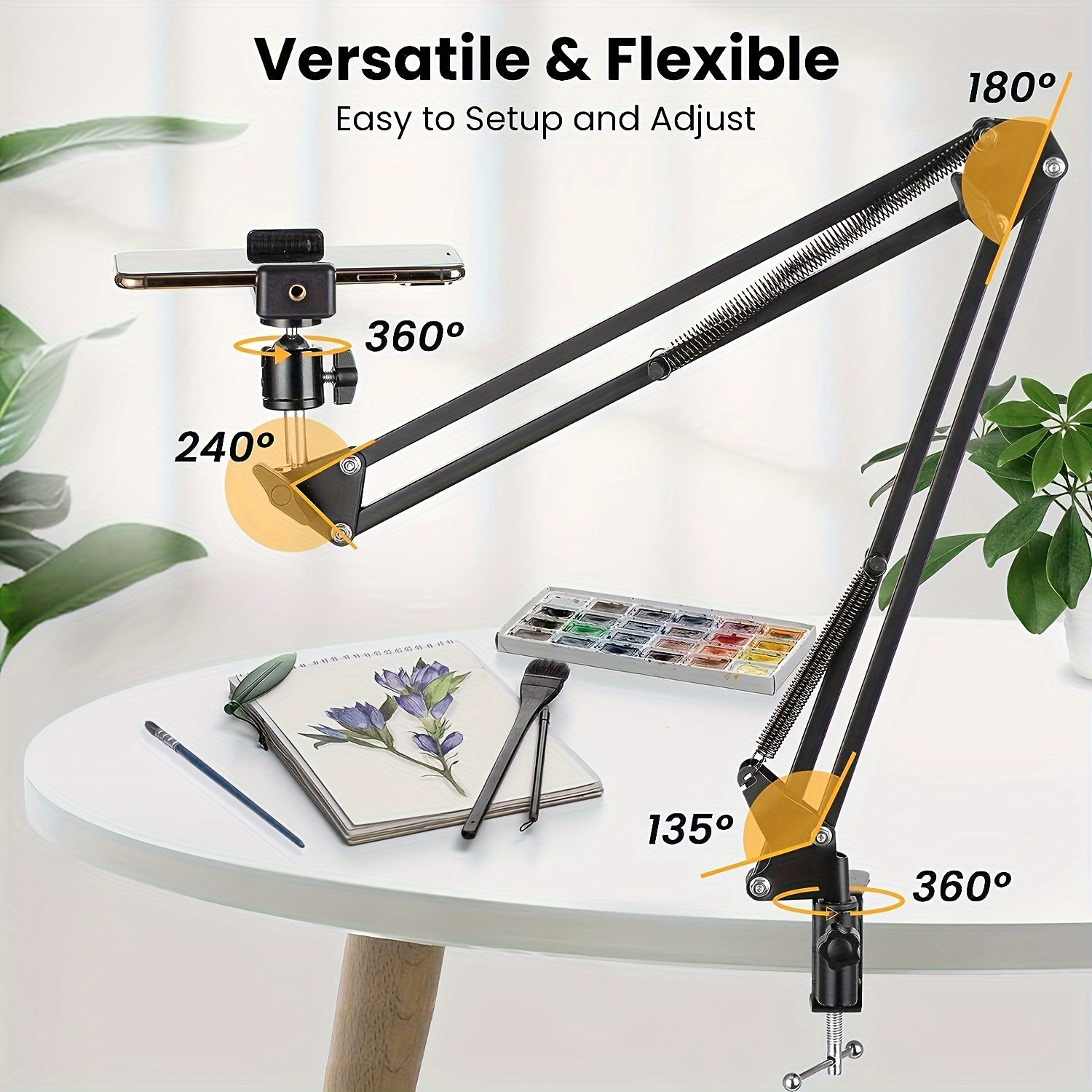 TEMU Arm-mounted Overhead Tripod Stand, Flexible Phone Holder With Arm And Desktop Clamp, 1/4" Screw For Mobile Recording And Live Streaming, Phone