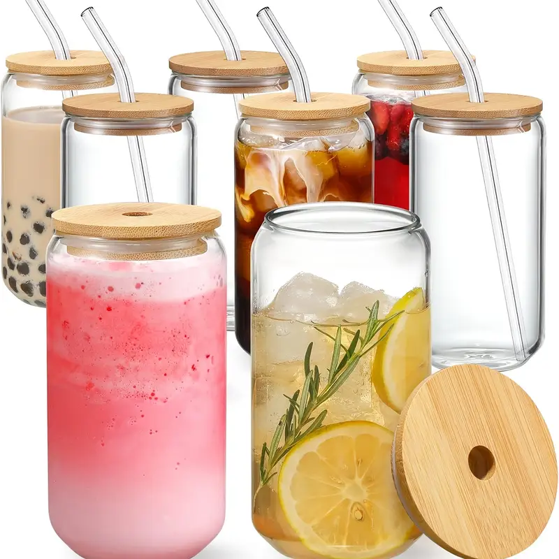 8 glass cup with bamboo lids and straws jar shaped glass cup iced coffee cup family birthday party drinking utensils cleaning brushes included suitable for juice drinks tea milk glass cups gift sets Product details 1