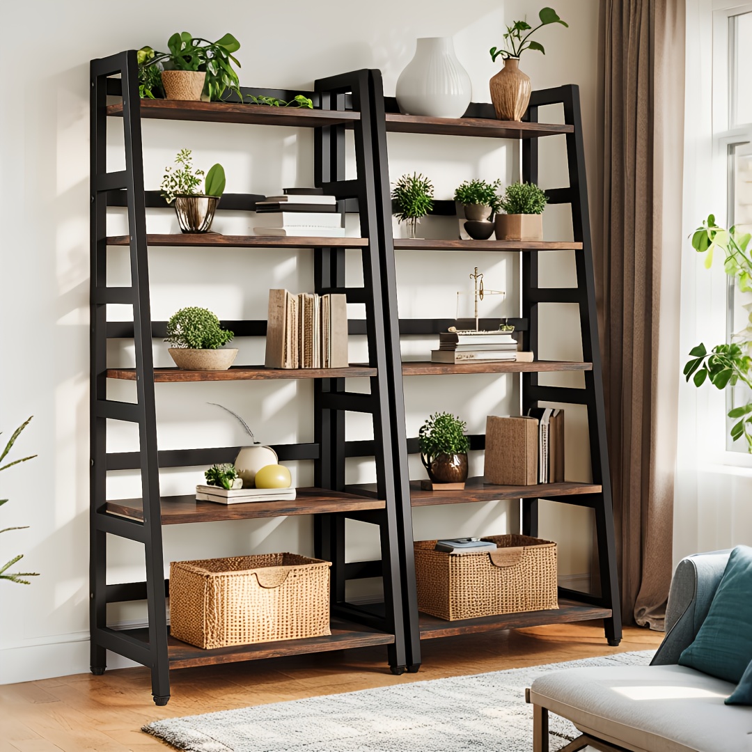5-Tier Industrial Wooden Bookshelf | Modern Ladder Bookcase