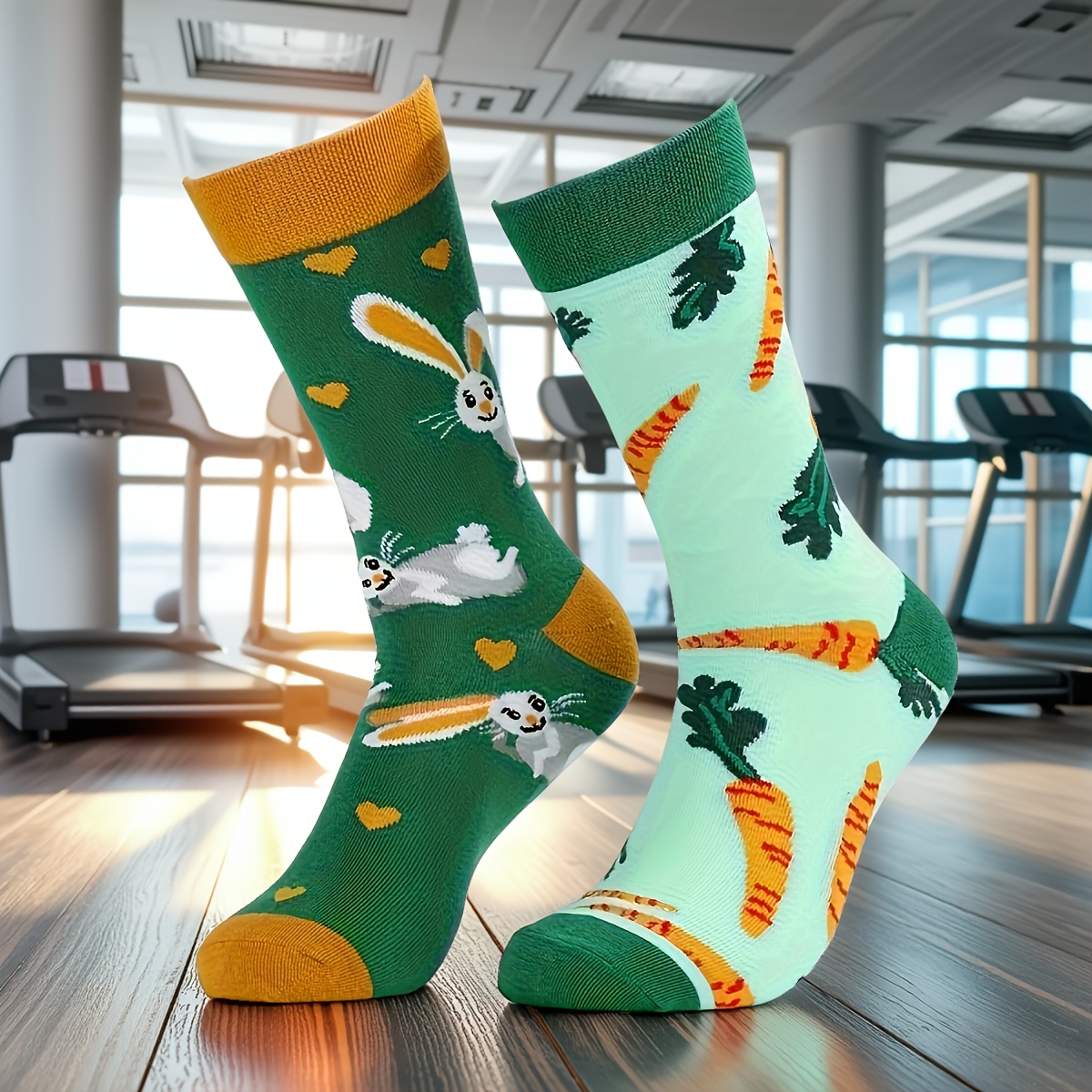 Image of 1 Pair Unique Asymmetric Design For Summer Back-to- Season, Green Rabbit And Carrot Printed Women's Socks, Fashionable And Soft Materials, Durable Stitching And High-quality Stockings