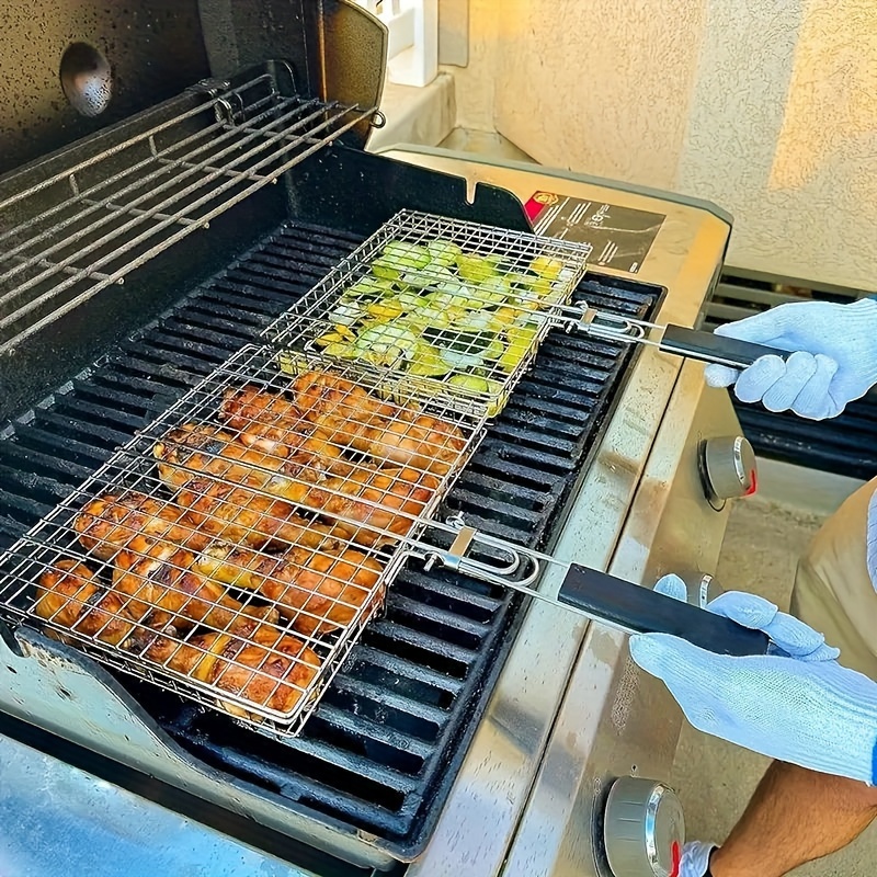 1st   roestvrijstalen bbq grillmand met handvat - anti-aanbak, perfect voor kip & vlees -   buitenkookaccessoire met gaasontwerp voor gelijkmatige verhitting, kookgereedschap voor kip|gaas grillontwerp|roestvrijstalen mand 3