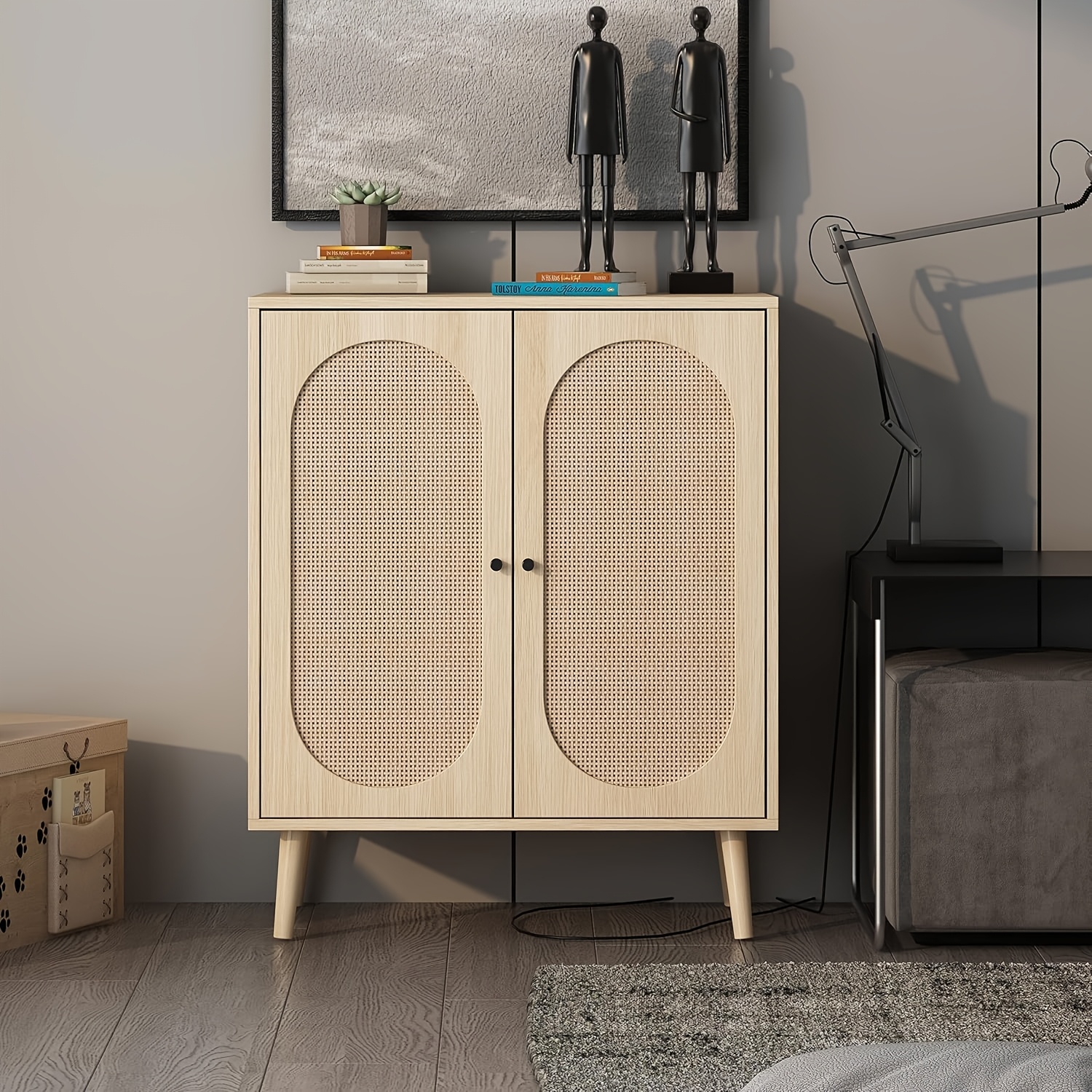 Rattan Buffet Cabinet, Kitchen Cabinet With Decorative Rattan Doors, Console Table Cabinet With Buffet, With Adjustable Shelves, Suitable For Kitchen, Dining Room, Living Room, Hallway