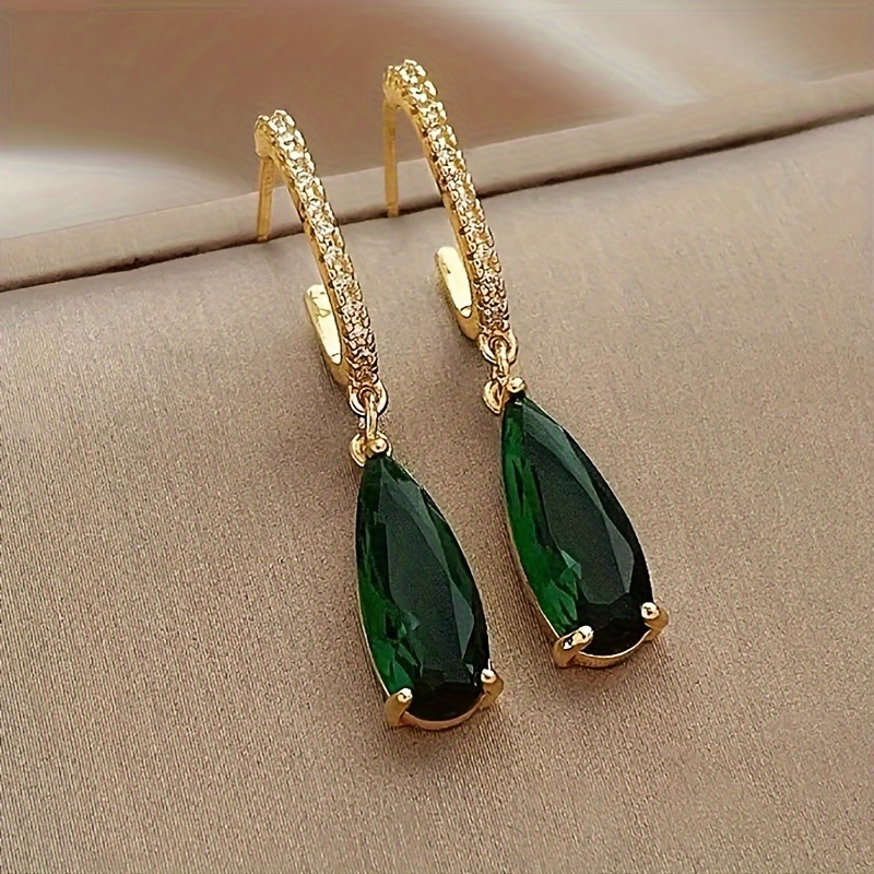 TEMU Vintage-inspired Elegant Green Rhinestone Drop Earrings For Women - Nickel-free Copper, Parties & Gifts, Drop Shape, Suitable For Vacation