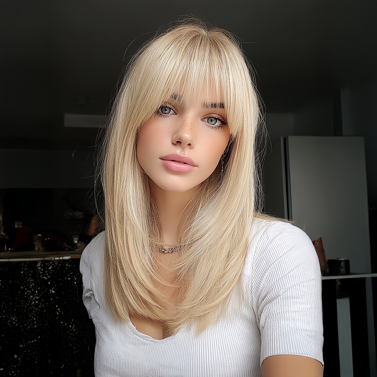 Image of Light Golden Straight Hair With Bangs, Natural Wig, High-temperature Resistant Fiber Hair, Suitable For Daily Wear, Holiday Parties, Christmas, And Valentine's
