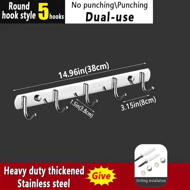 Round Hook Auxiliary Hanging Row Hook - Heavy-duty Stainless Steel, No-punching Strong Load-bearing Auxiliary Hook, Practical Kitchen Wall Door Back Hook Row, Utility Hooks