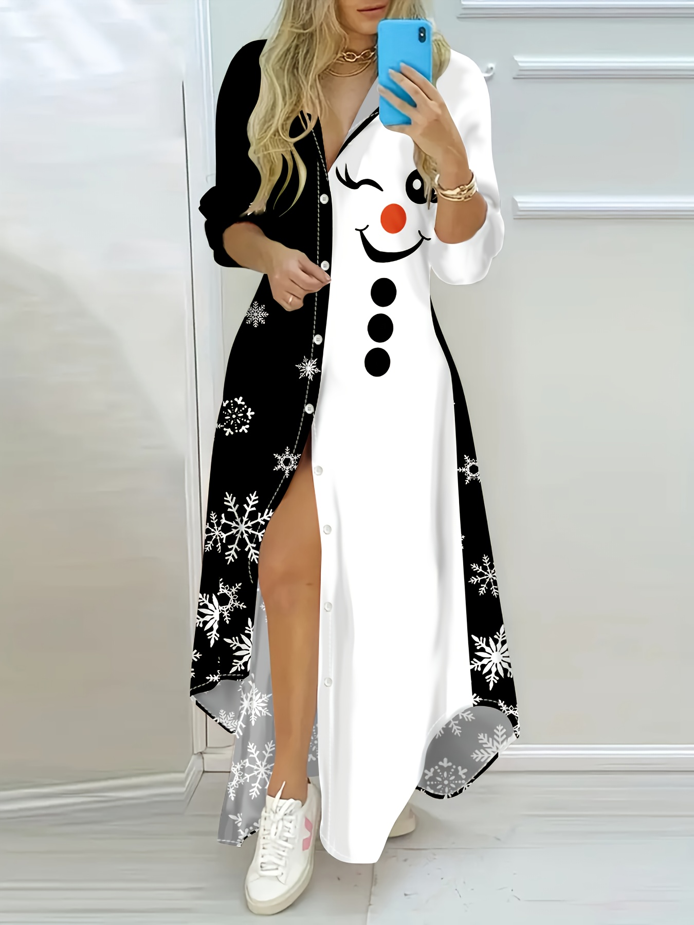 Christmas-style Black and White Snowman Print Women's Long-sleeve Dress