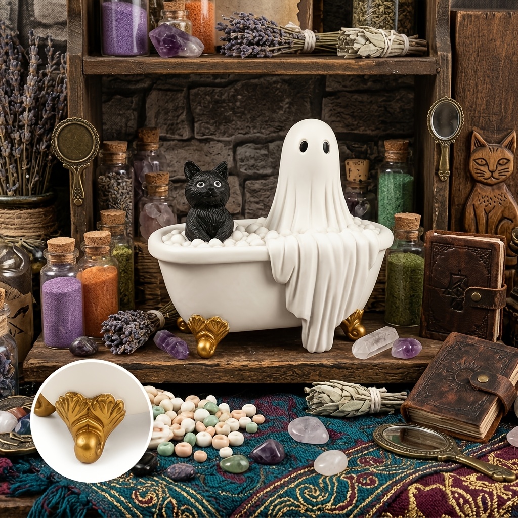 TEMU 1pc Bathtub Figurine With Black Cat & In Bubble Tub - Spooky-cute Resin Statue Suitable For / Shelf Decor, Rustic Farmhouse Tabletop Ornament,