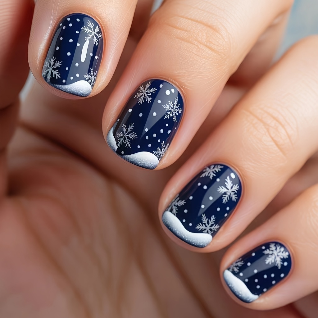 TEMU 24pcs Winter Navy White Snowflake Fake Nails, Snow French Short Christmas Style Finished Wearable Nails, Dark Blue Snowflake Christmas Wearable