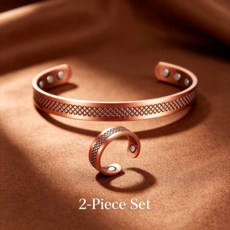 TEMU 2pcs Copper Magnetic Wristband And Ring Set, Unisex, Mesh Patterned Wristband With Magnet, Adjustable Cuff Bracelet And Ring