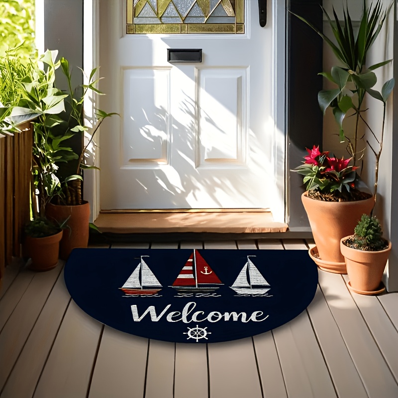 TEMU Tapis de porte plat 2D en flanelle, tapis d'entrée semi-circulaire en flanelle avec une épaisseur de 10 mm G/m², 1 tapis semi-circulaire, bleu