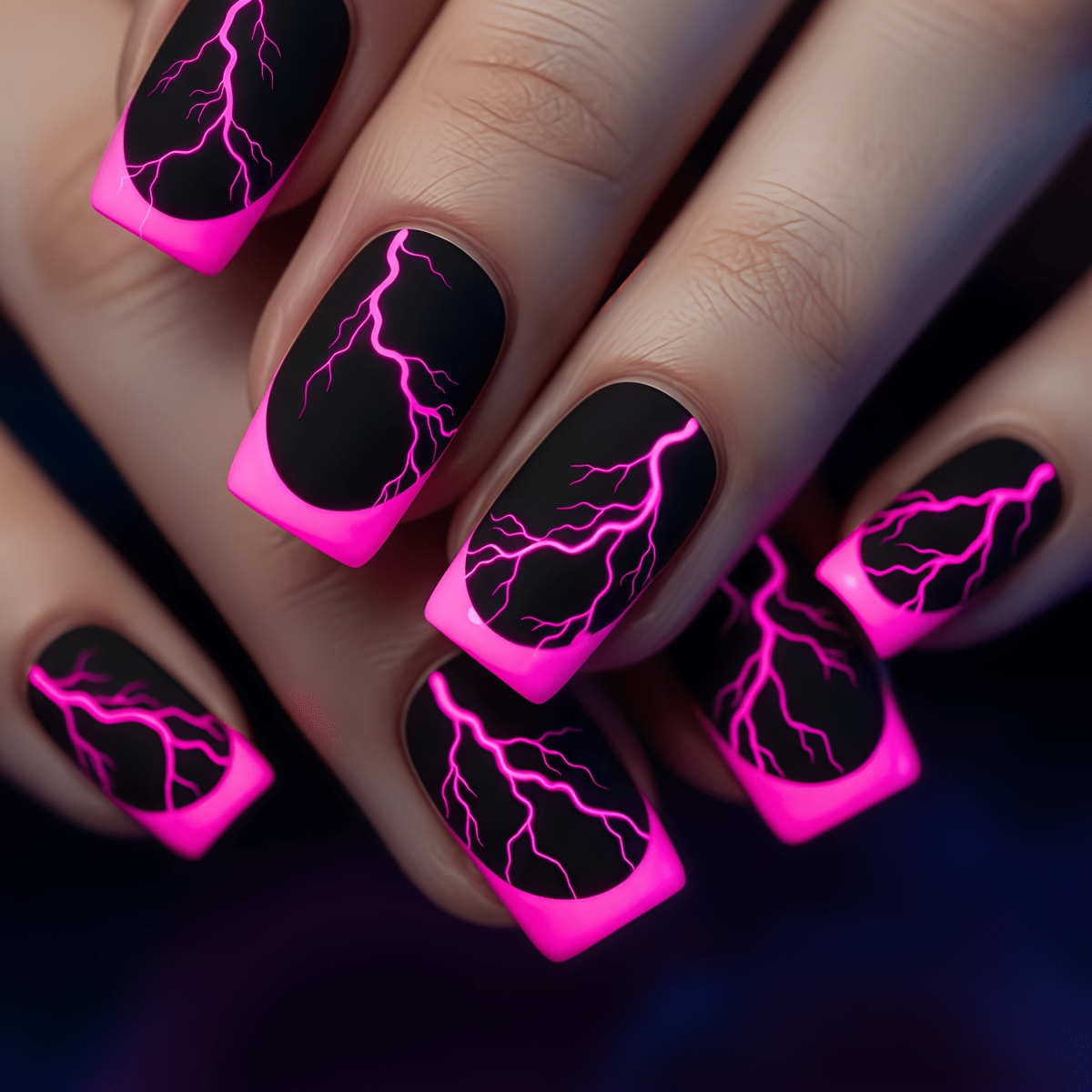 TEMU 24pcs Ongles Faux Prisants Rose Fluorescent Éclair Français Carré Moyen Fumé Nuit Épice Cool Niche Attrayants Ongles Portables Brillants