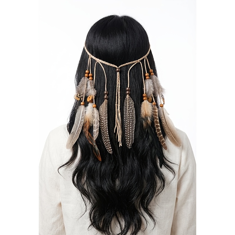 TEMU Fascia per capelli monopezzo vintage boh矇mien con nappe di piume intrecciate a , adatta per spiaggia, feste, matrimoni, carnevale e celebrazioni