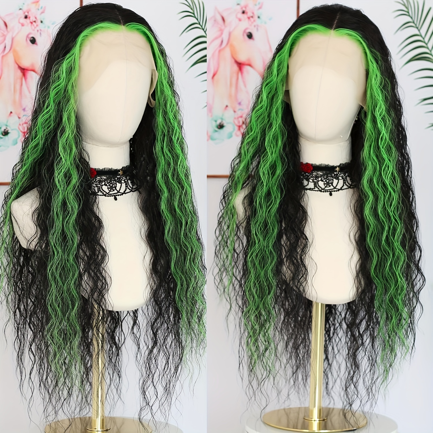 

13*4 Lace Front Wigs Loose Curly Skunk Stripe Green Black Synthetic Lace Front Wig For Women Glueless Highlight Green Black Long Water Wave 13x4 Lace Front Wigs For Cosplay Party 26 Inch