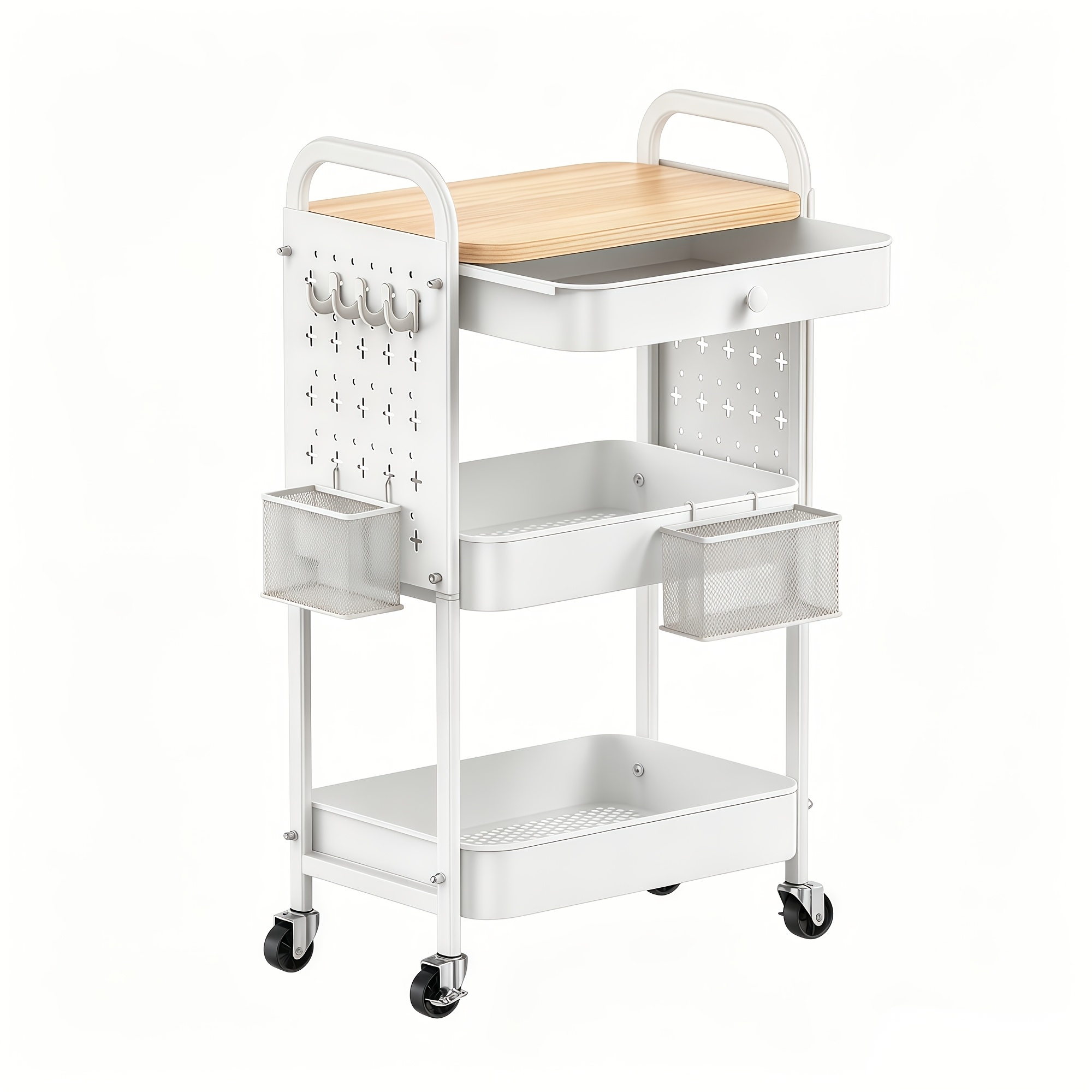 Rolling Cart With Drawer And Wood Table Top, 3 Tier Metal Rolling Utility Cart On Wheels With Diy Pegboards, Hanging Baskets, Hooks For Bedroom, Office, Craft Supplies