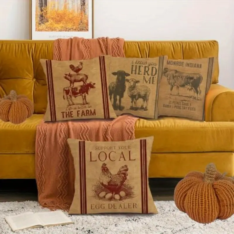 4 packs of old fashioned farm animal pillowcase design printed pattern zipper pillowcase double sided polyester printed pattern zipper closed home decoration living room bedroom and sofa home decoration not included in the pillow Product details 2