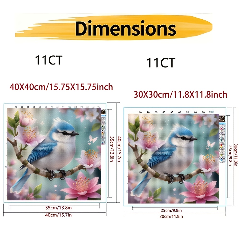Cross Stitch Kit, Blue Bird on Branch with Pink Flowers