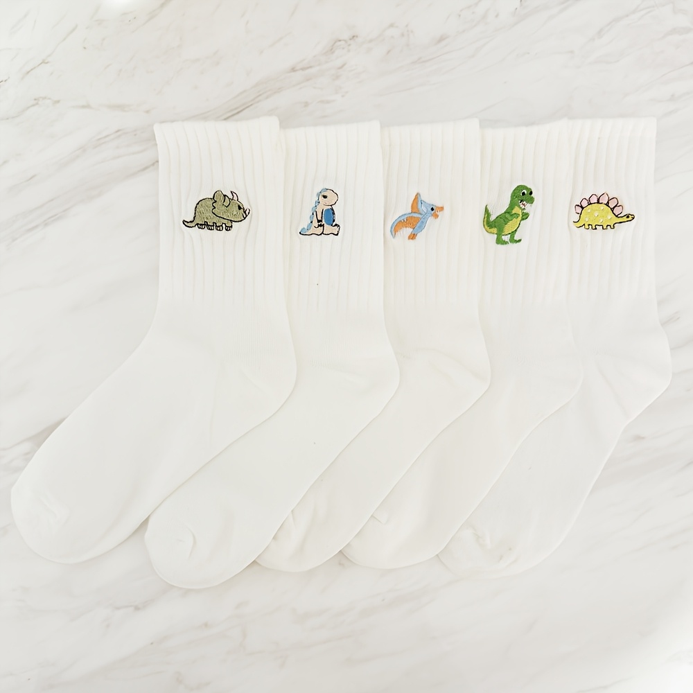 5 Pairs Of Unisex Cartoon Embroidered Dinosaur Pattern Mid-calf Socks