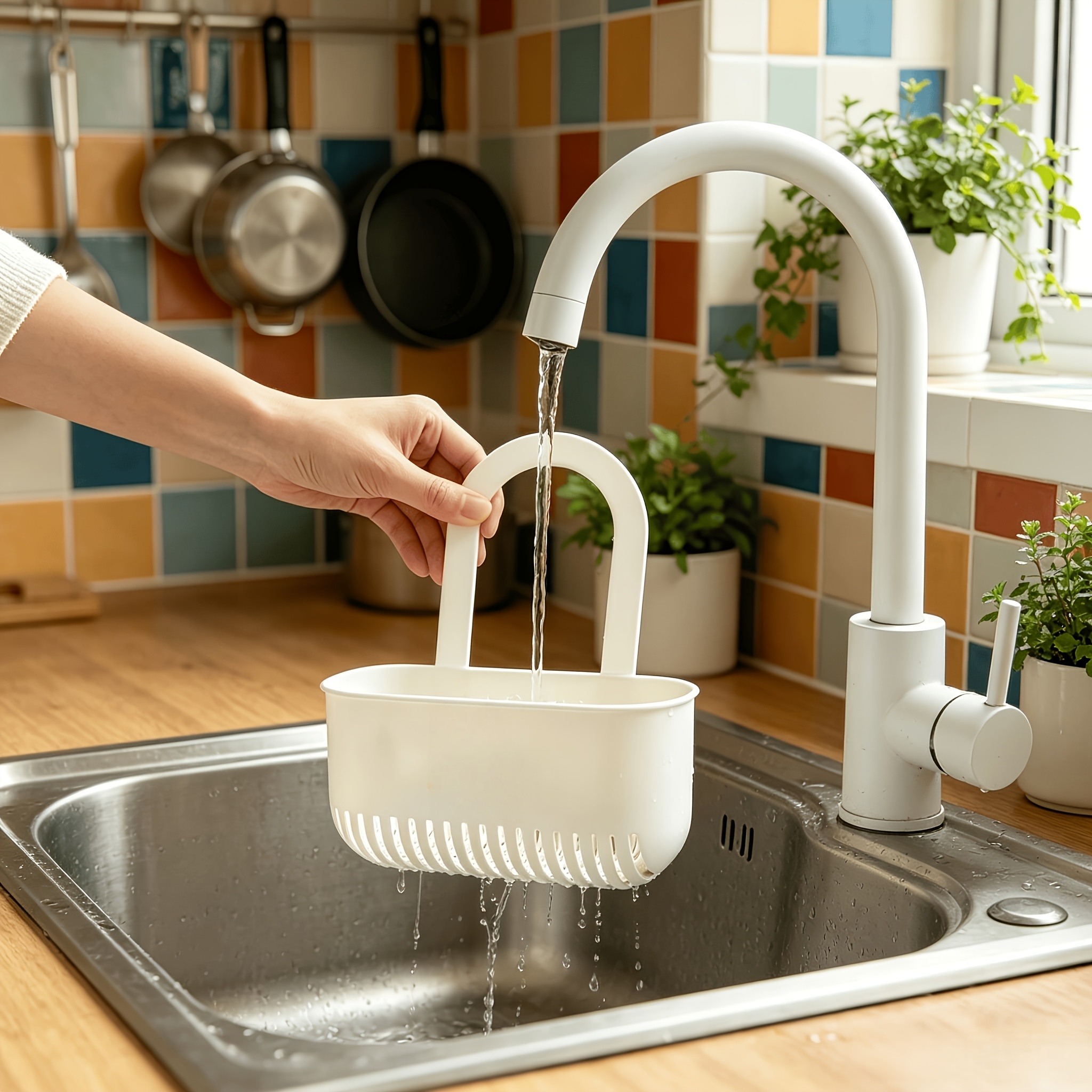 TEMU 1pc White No-drill Sink Filter Cloth And Sponge Drying Rack