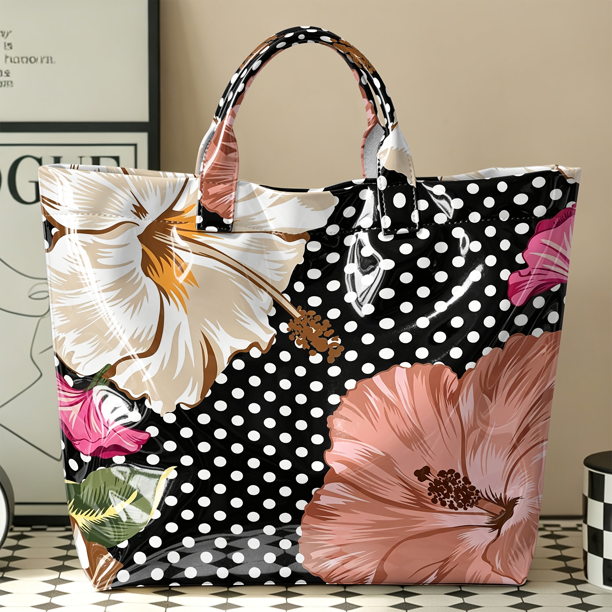 TEMU Women's Large Tote Bag, Black White Polka Dot Floral Print Handbag, Portable Lightweight Shoulder Shopping Bag, Gift For Women Beach Daily Use