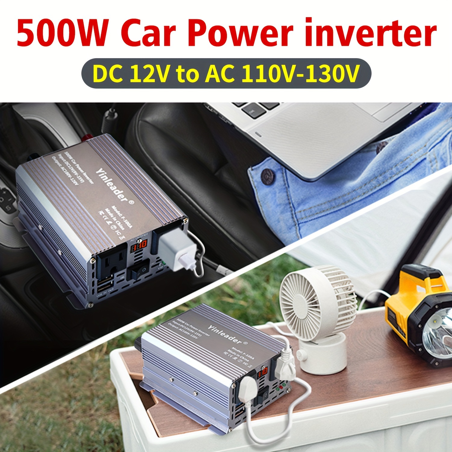 

Yinleader Power Inverter For Car 500w Inverter 12v To 110v With 2 Us Sockets, 2 Usb Ports, Led Display For Car