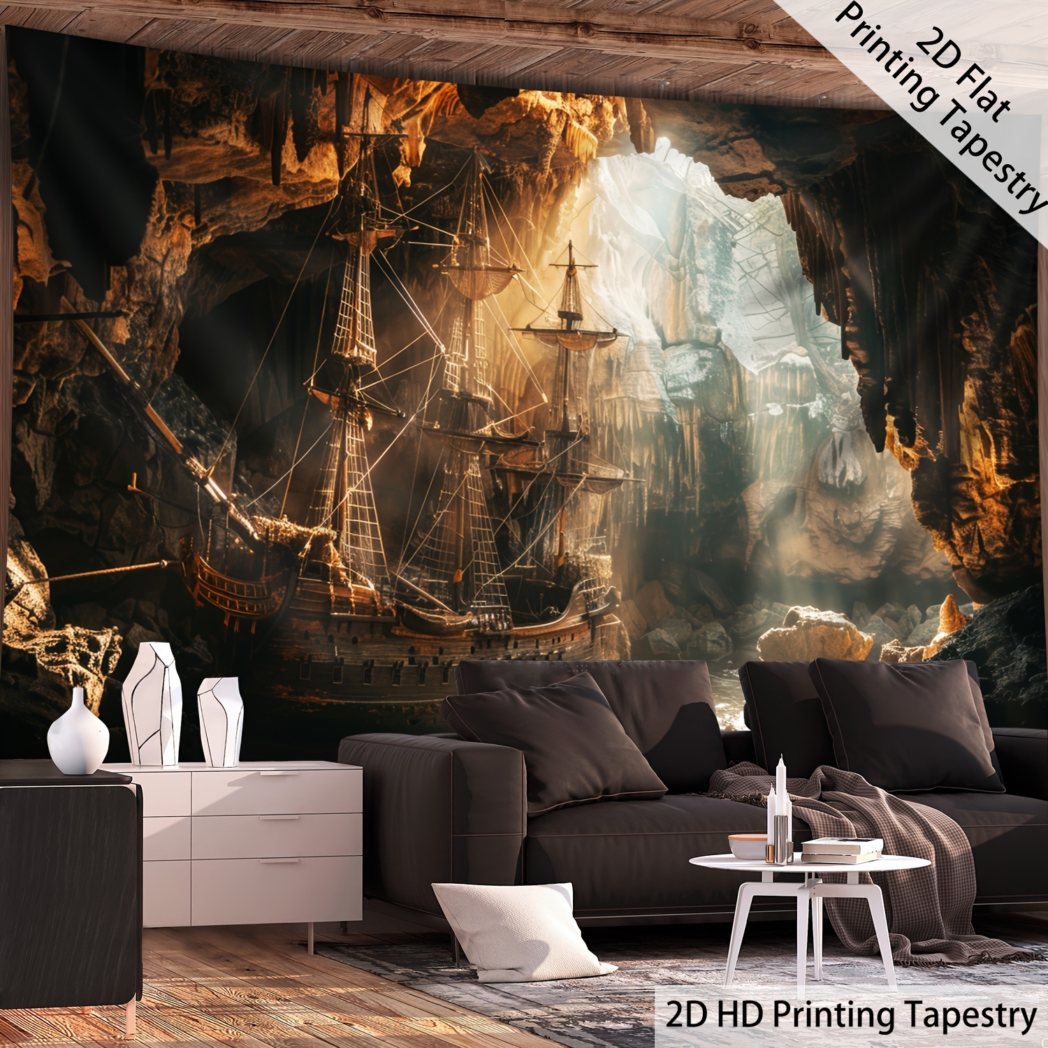 TEMU 2d Flat - [2d Flat Printing] 1pc - Ultra Large Size - Retro Cave Pirate Ship Hd Digital Printing Huge Tapestry - Polyester - Home Decoration -