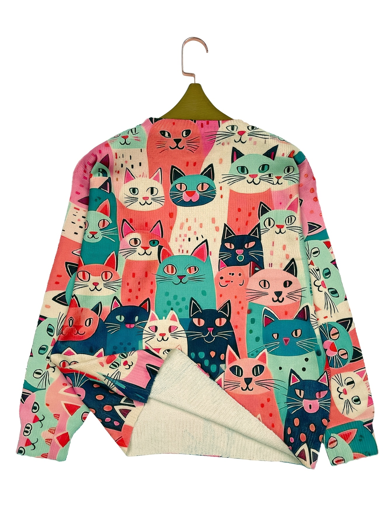 Women's Lightweight Sweater with -Effect Cat Print Casual Crew Neck  Long Sleeve, Vibrant Pink Multicolor Design, Regular *-Season Wear, Cute 