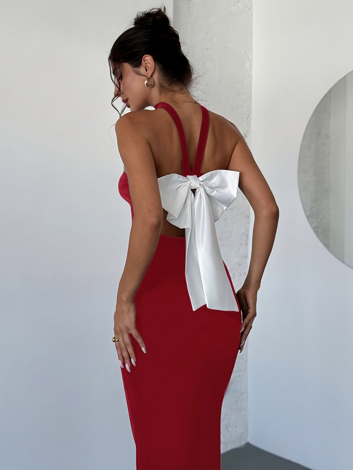 womens halter neck solid color bow pencil dress polyester - Temu Spain