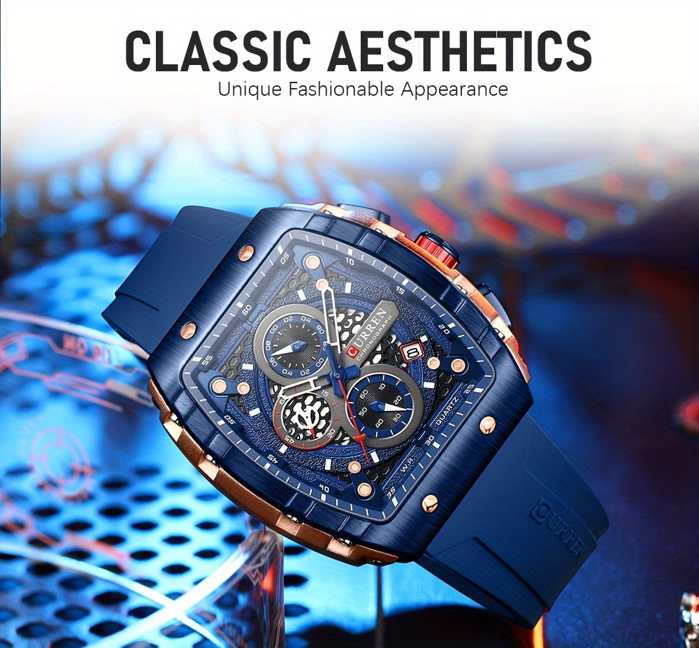  sports chronograph quartz watch tonneau pointer fashion date dial silicone band wrist watch details 1